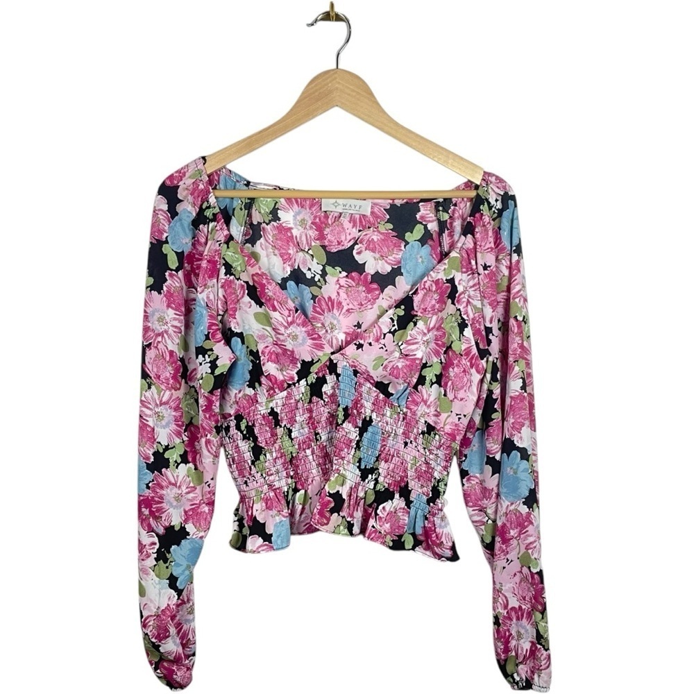 WAYF Chiffon Floral Long Sleeve Smocked Peplum Blouse in Pink/Blue Size M
